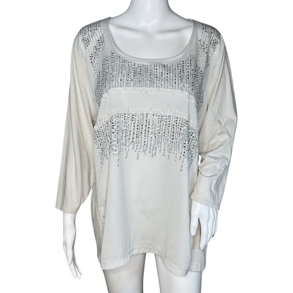 Chicos Shirt Womens‎ XL Light Gray Embellished Mixed Media Updated Basic Party - Picture 1 of 8